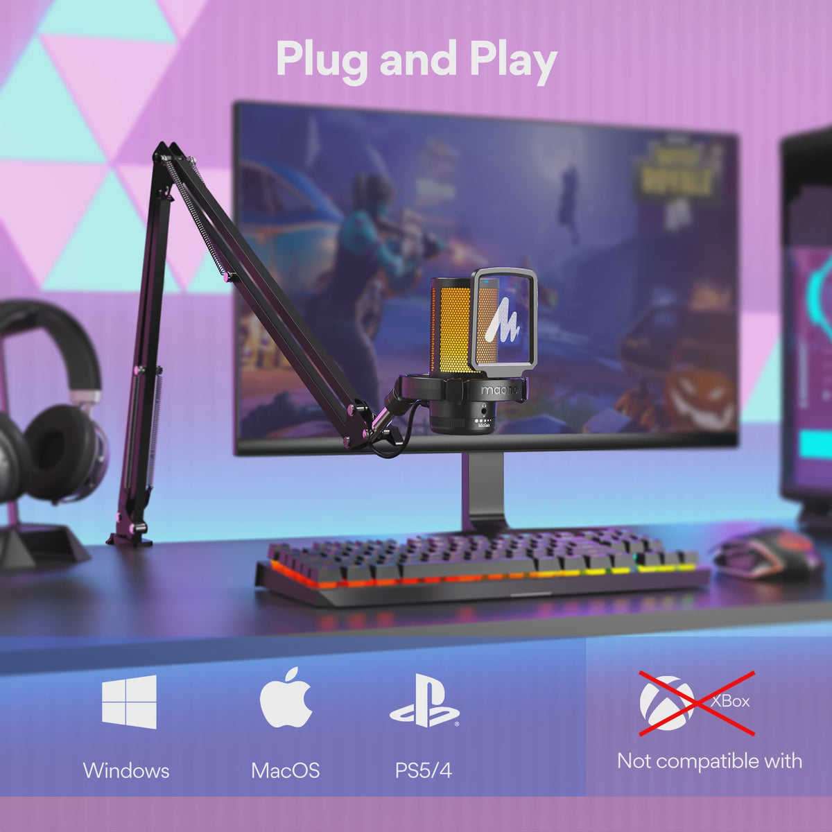 MAONO DGM20S USB Microfoon met RGB Verlichting en Ruisonderdrukking - Ideaal voor Streaming & Podcasts