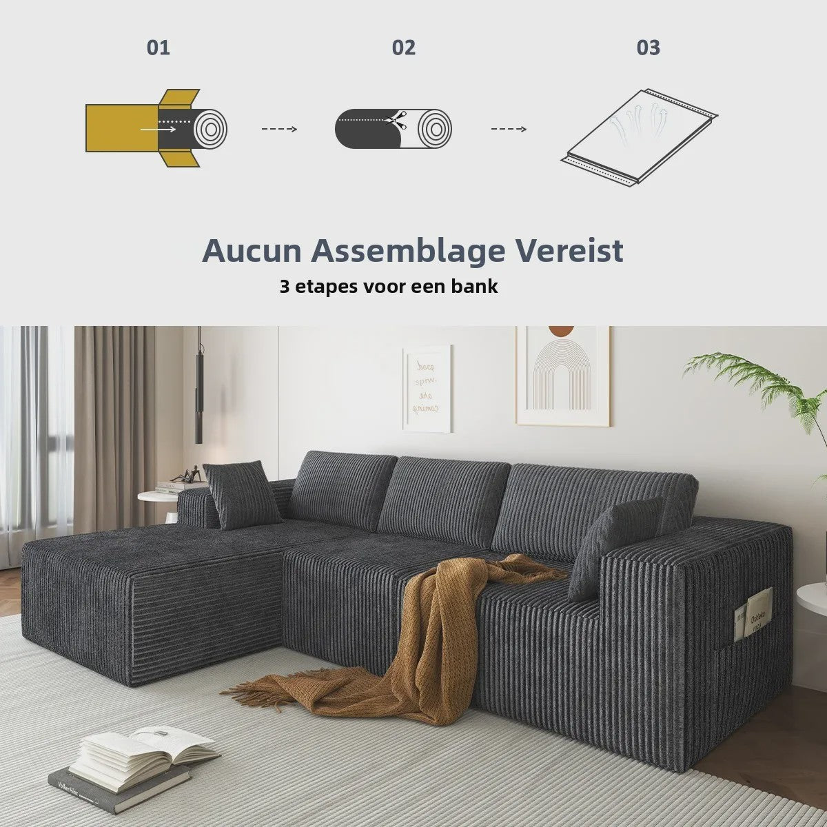 Moderne L-vormige Velvet Hoekbank 278x175cm - Geen Montage Vereist