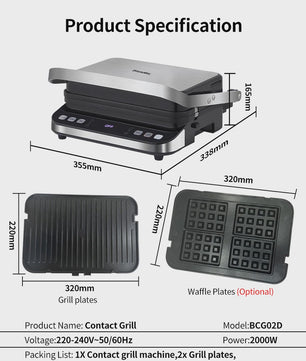 BioloMix Contactgrill 2000W - Panini, Grill, Wafelmaker - Digitaal & 180° Open