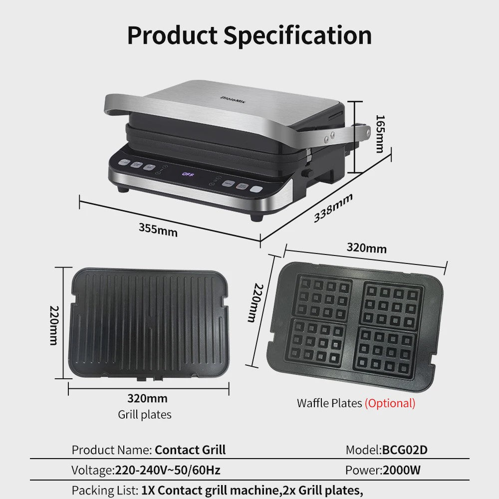 BioloMix Contactgrill 2000W - Panini, Grill, Wafelmaker - Digitaal & 180° Open