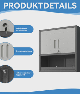Grijze Metalen Wandkast met Slot, 1 Plank & 1 Open Lade - 75x77x30 cm