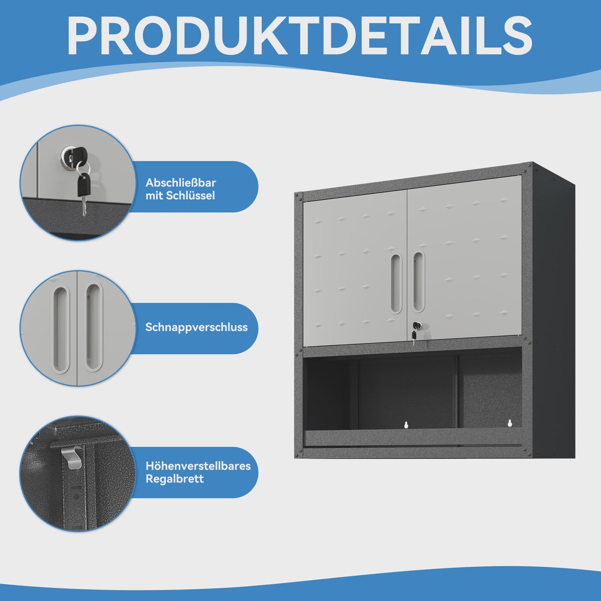 Grijze Metalen Wandkast met Slot, 1 Plank & 1 Open Lade - 75x77x30 cm