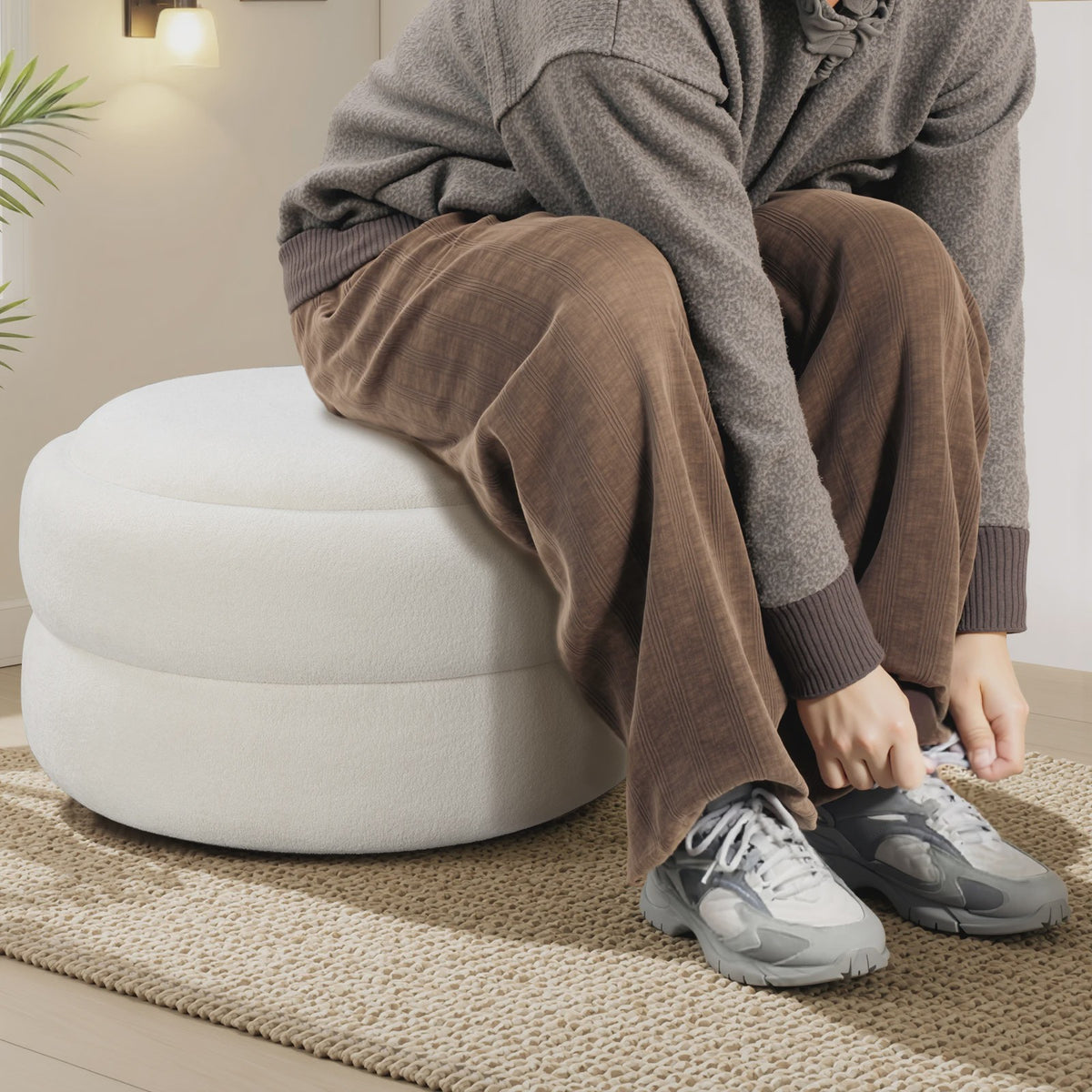 Set van 2 Witte Fluweel Zachte Ottomans met Verborgen Opbergruimte en Stapelbaar Design