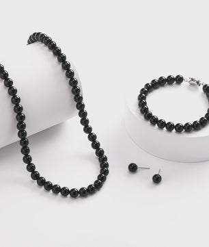 Elegante Zwarte Parel Sieradenset: Ketting, Armband & Oorbellen in Cadeaubox