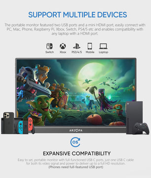 ARZOPA 16.1" Draagbare Monitor - FHD 1080P IPS, 100% sRGB, Ultraslank & Lichtgewicht