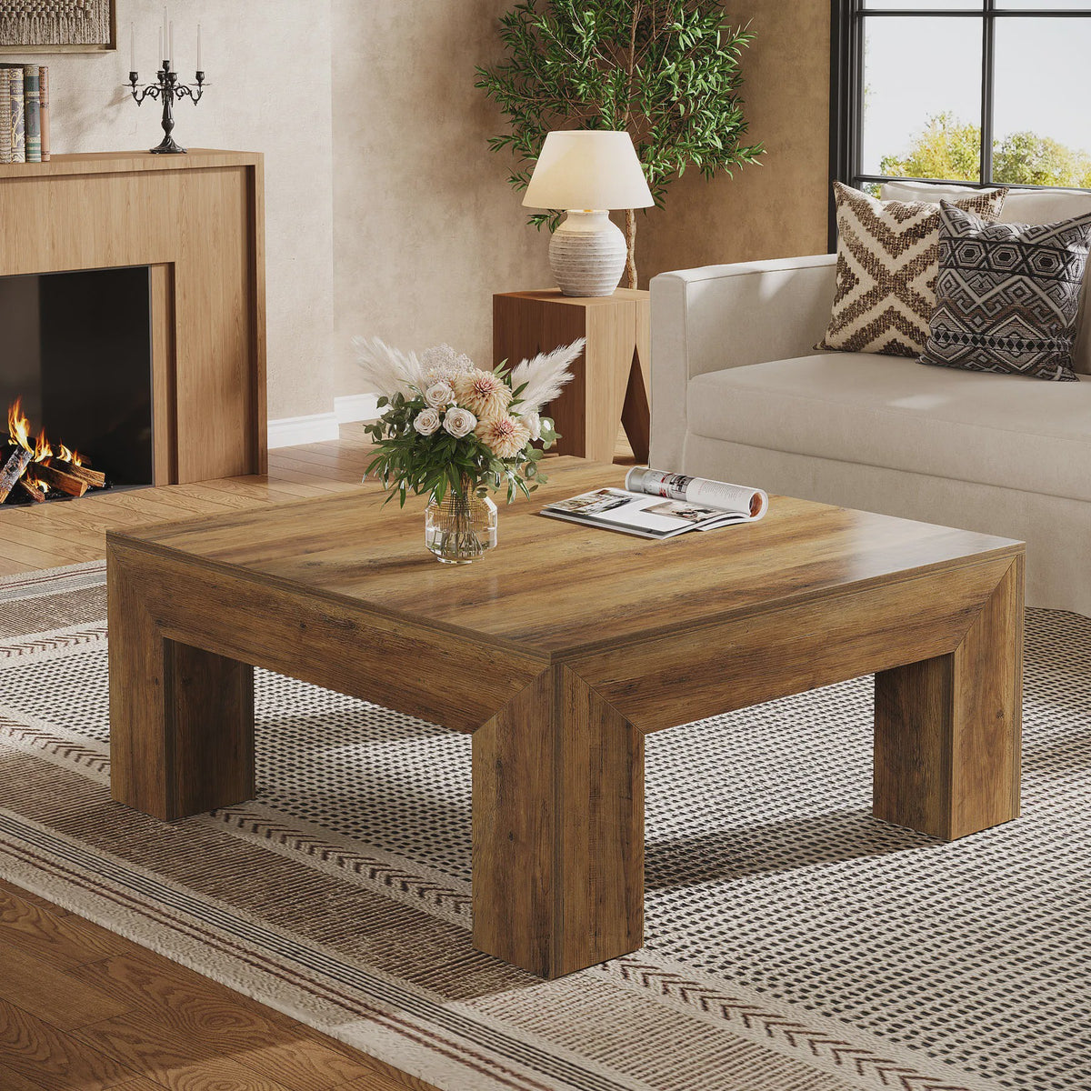 Vierkante Salontafel Rustiek Bruin - 100x100cm - Stevig Houten Onderstel