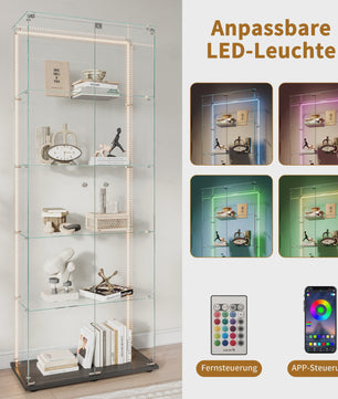 Moderne Glazen Vitrinekast met LED Verlichting - 5 Lagen, 2 Deuren
