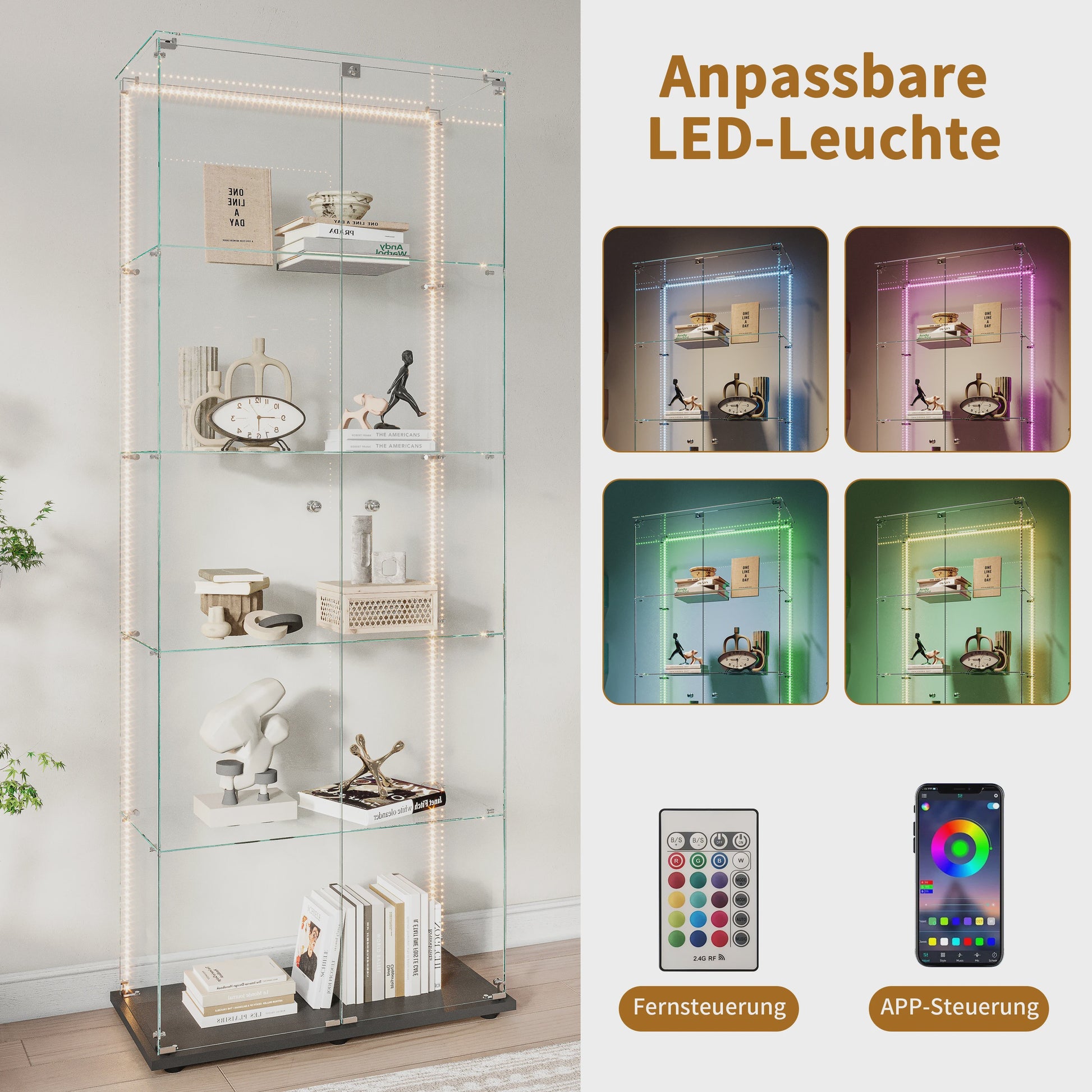Moderne Glazen Vitrinekast met LED Verlichting - 5 Lagen, 2 Deuren
