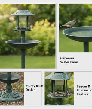 Decoratief Vogelbad met Voedersysteem en Verlichting - 97cm Hoog - Duurzaam Hars