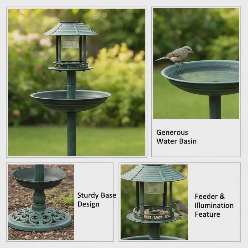 Decoratief Vogelbad met Voedersysteem en Verlichting - 97cm Hoog - Duurzaam Hars