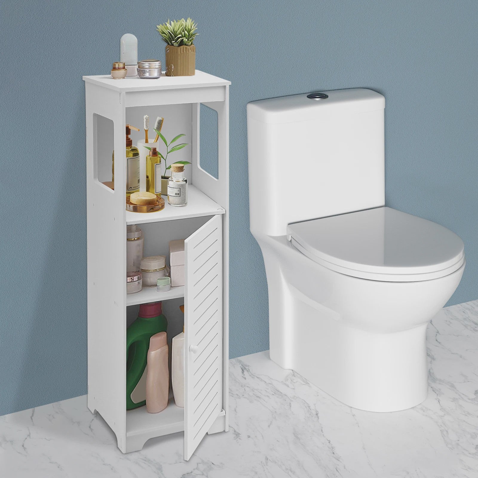 Witte Badkamer Opbergkast met Deur en Plank - PVC Toiletmeubel 28x25x90cm