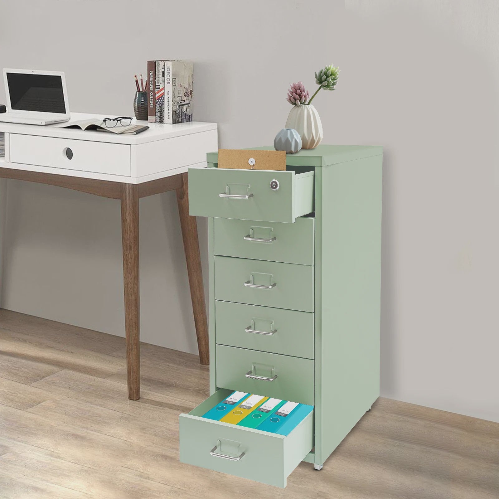 Stalen Archiefkast met Wielen en Slot - 5 Lades - 28x41x69cm