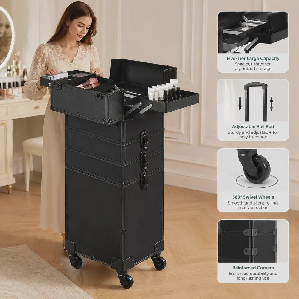Professionele Make-up Koffer met Aluminium Frame - 5-in-1 Organisatie & 360° Wielen