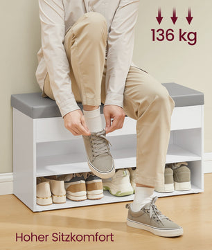 VASAGLE Schoenenbank met Zitkussen - 3 Niveaus Schoenenrek - Wit-Grijs 80x30x44 cm