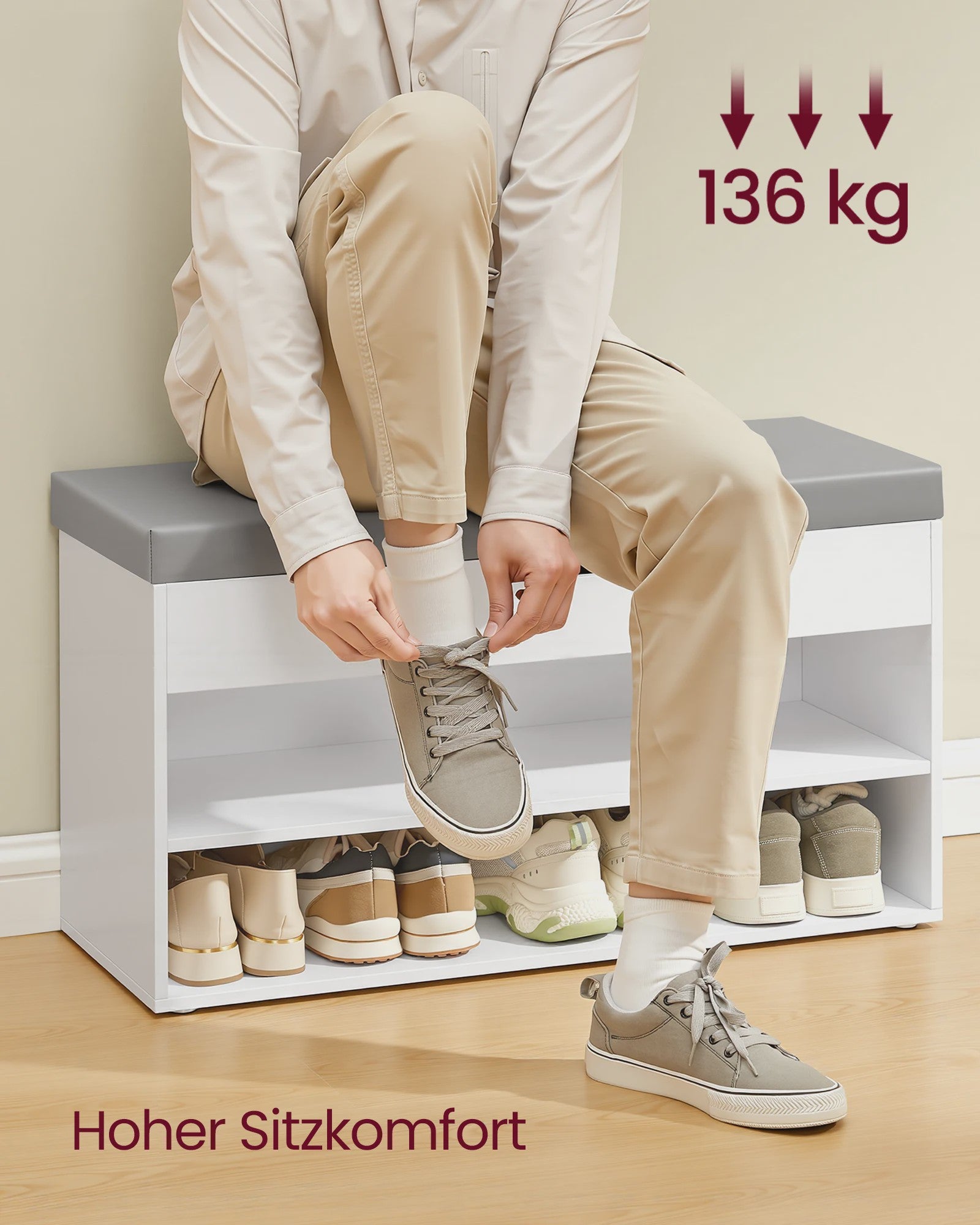 VASAGLE Schoenenbank met Zitkussen - 3 Niveaus Schoenenrek - Wit-Grijs 80x30x44 cm