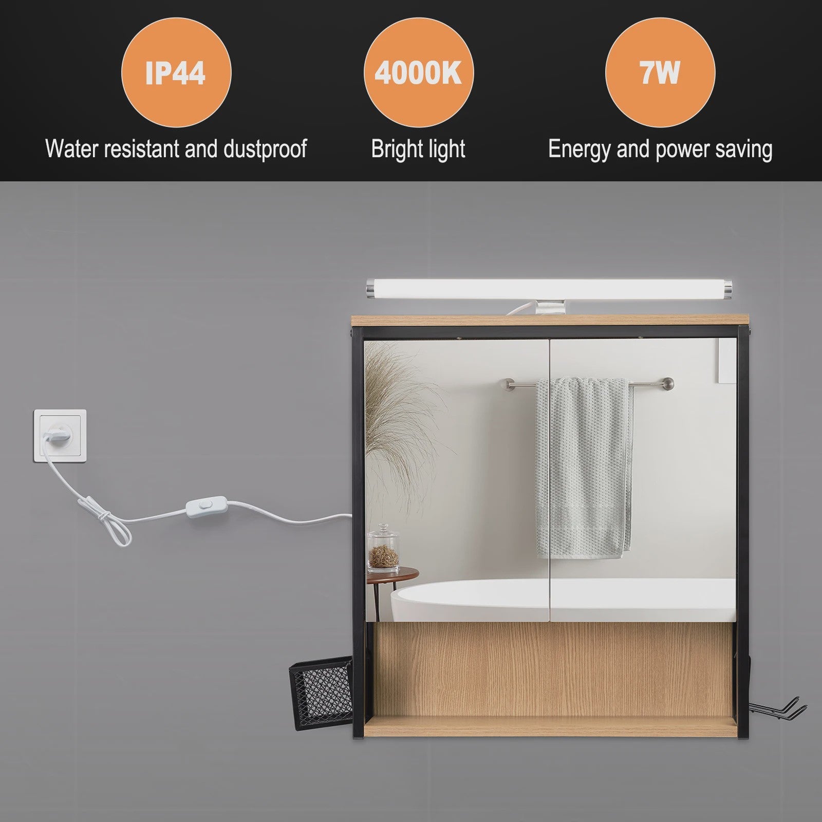 Badkamer Wandkast met Spiegel en LED Verlichting - Opbergkast met Haardrogerhouder & Verstelbare Plank