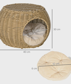 PawHut Kattenmand Niche Rond Rotin PE met Zacht Kussen - Ø 40x30 cm Lichtbruin