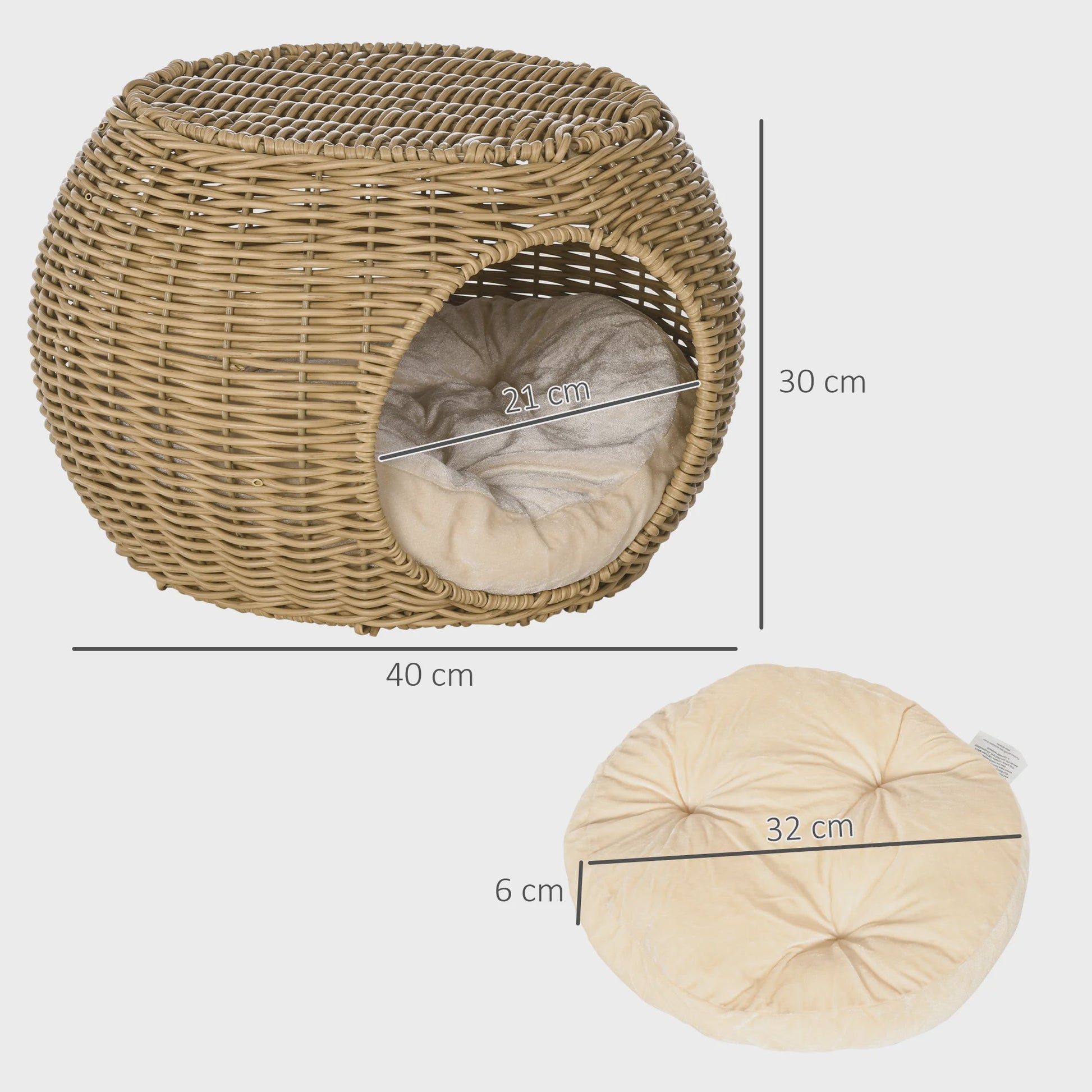 PawHut Kattenmand Niche Rond Rotin PE met Zacht Kussen - Ø 40x30 cm Lichtbruin