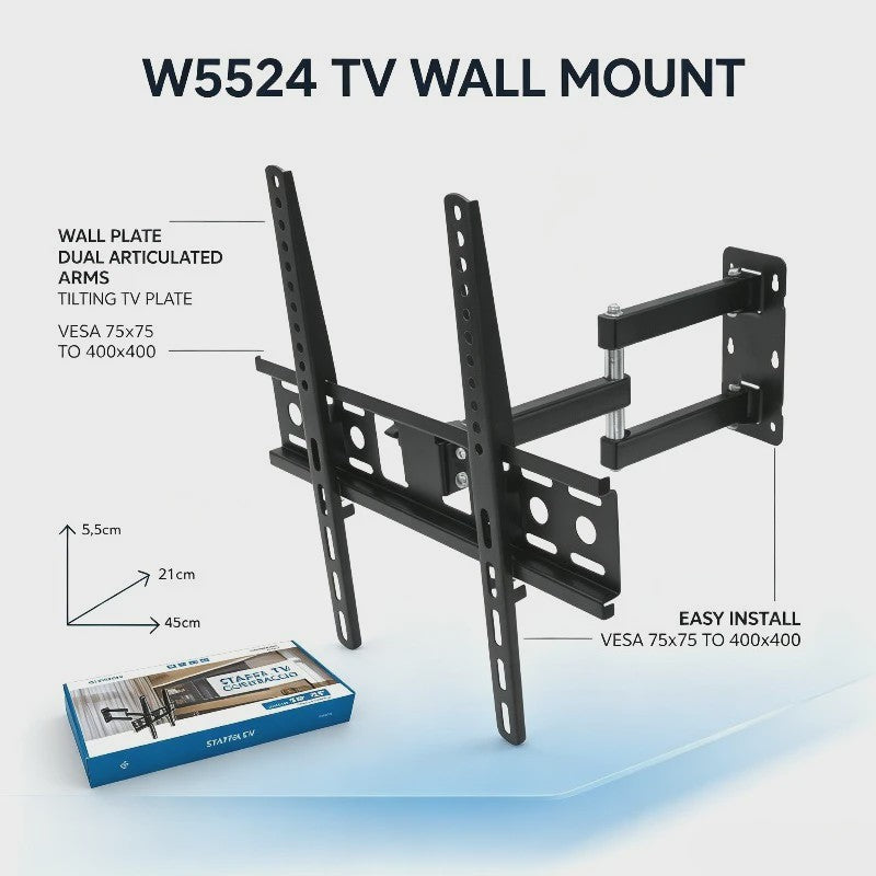 WETECH W5524 TV Muurbeugel - Dubbelarmig, Volledig Verstelbaar voor 26-55 Inch Schermen, 30kg Max, Kantelbaar