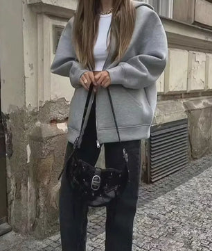 Dames Oversized Rits Hoodie Jas met Dubbele Zakken - Comfortabele Outerwear voor Herfst & Winter