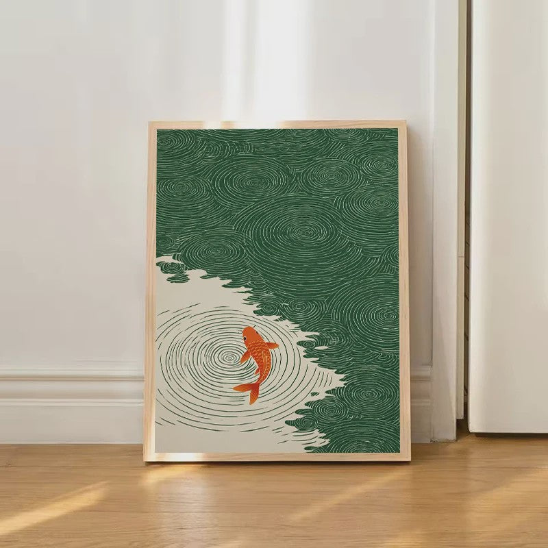 Japanse Zen Wanddecoratie: Canvas Print met Koi Vissen, Kraanvogels en Watergolven