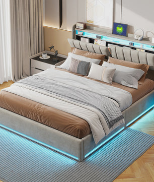 Luxe Dubbel Bed met LED Verlichting, USB-poorten en Opbergruimte - Velvet Stof