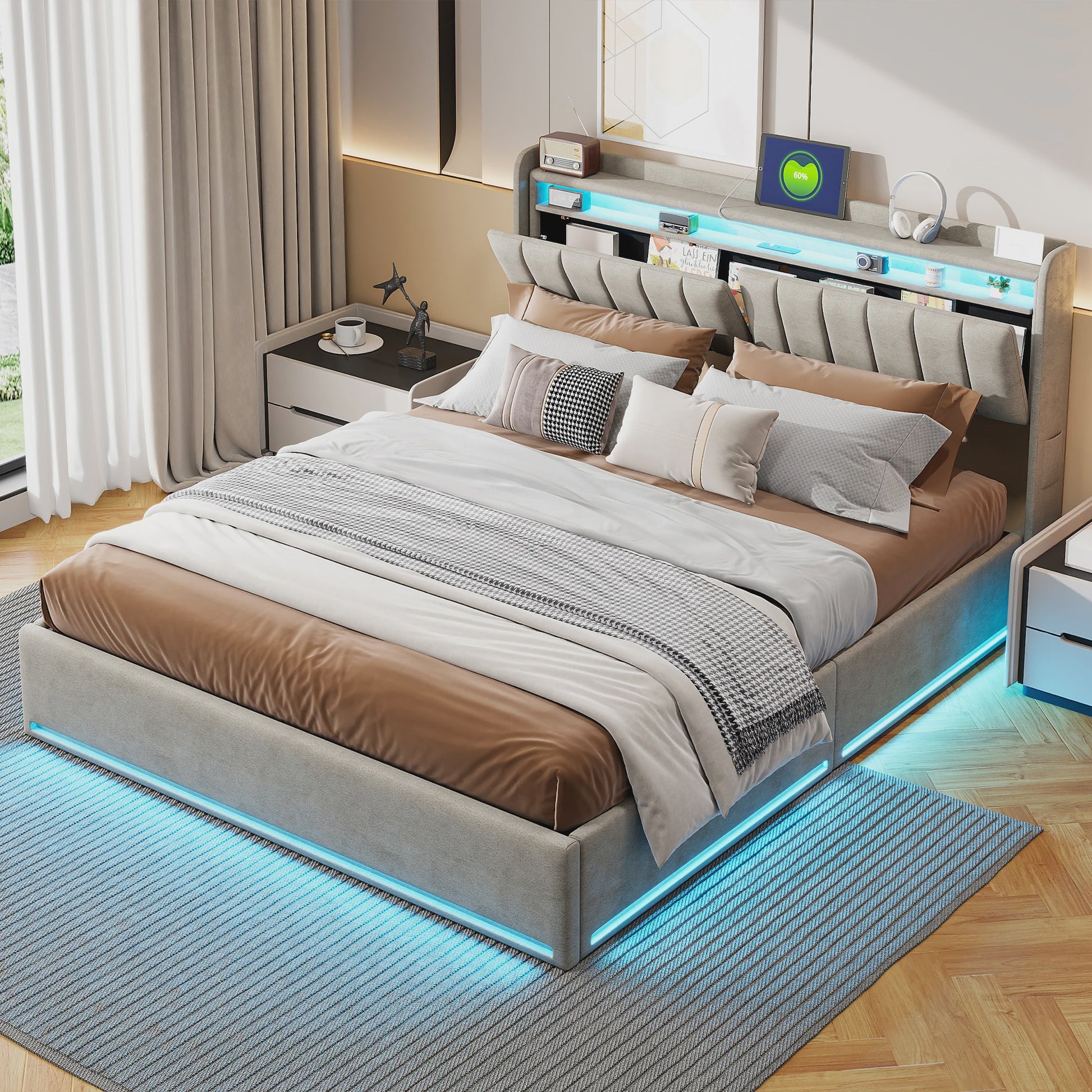 Luxe Dubbel Bed met LED Verlichting, USB-poorten en Opbergruimte - Velvet Stof