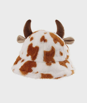 Warme Koeienprint Bucket Hat met Hoorns - Fleece Gevoerd & Verdikt voor de Winter