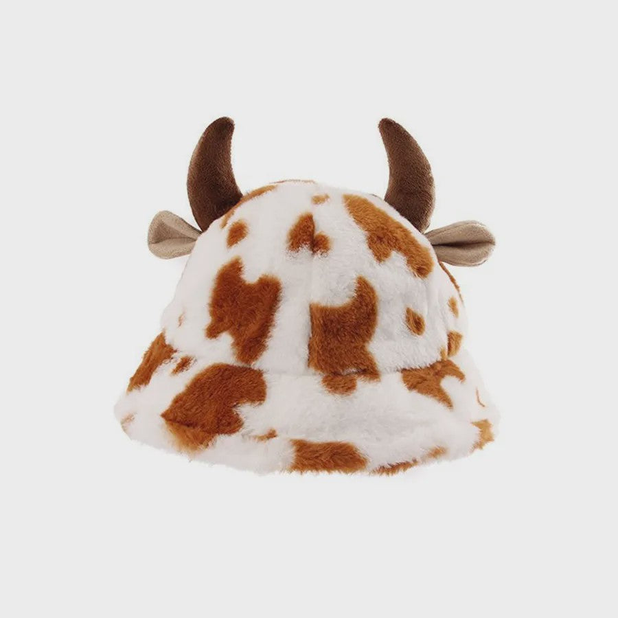 Warme Koeienprint Bucket Hat met Hoorns - Fleece Gevoerd & Verdikt voor de Winter