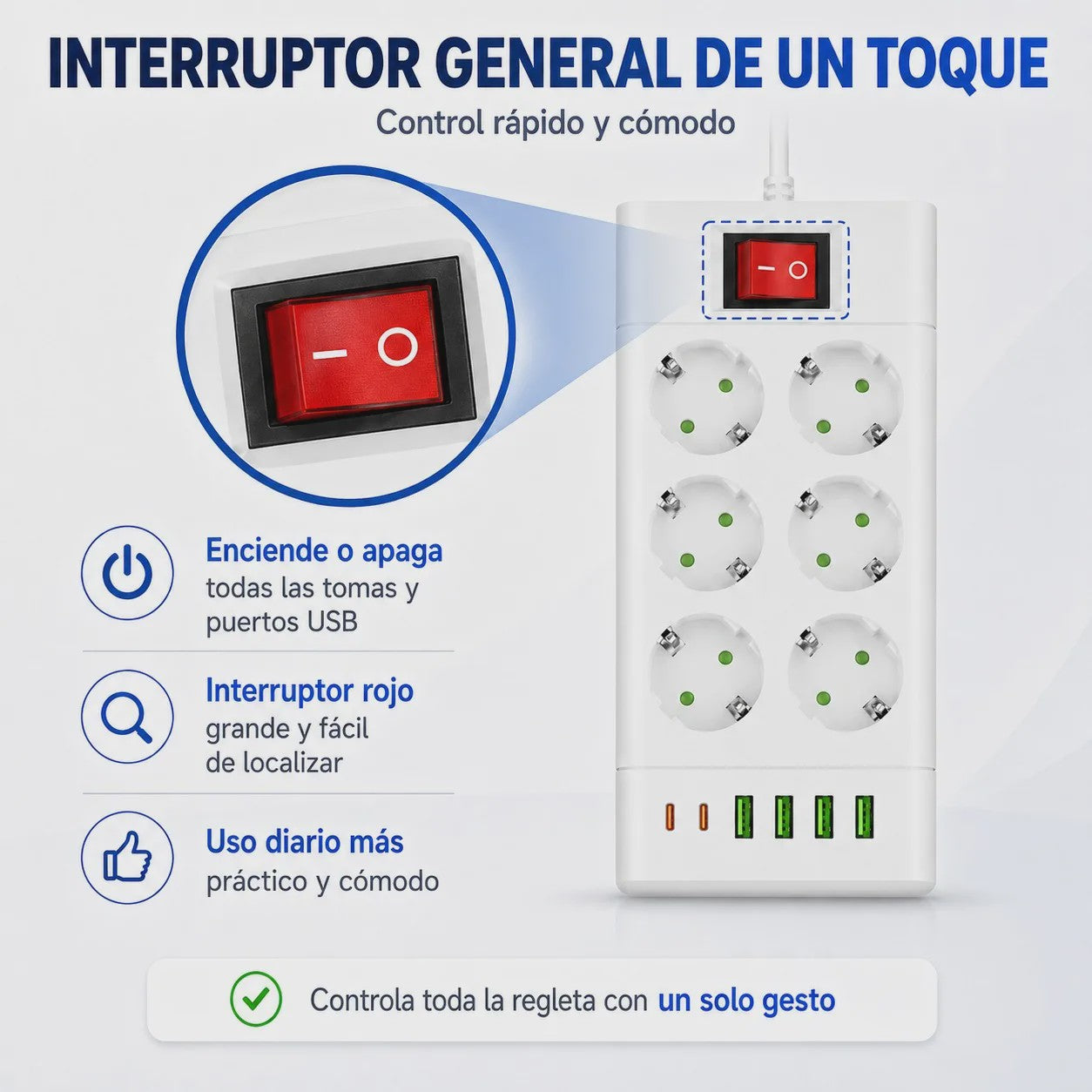 Universele Stekkerdoos met 6/8 Schuko Stopcontacten en 6 USB Poorten (C/A) - 2m Kabel, 2500W