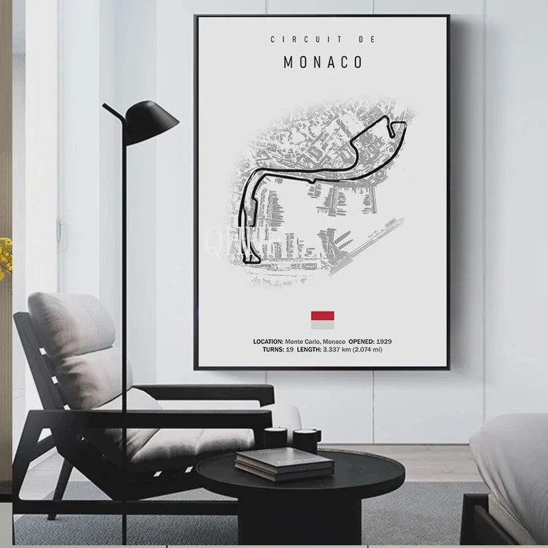 Vintage F1 Circuit Poster: Zwart-Wit Formule 1 Kunst voor de Raceliefhebber