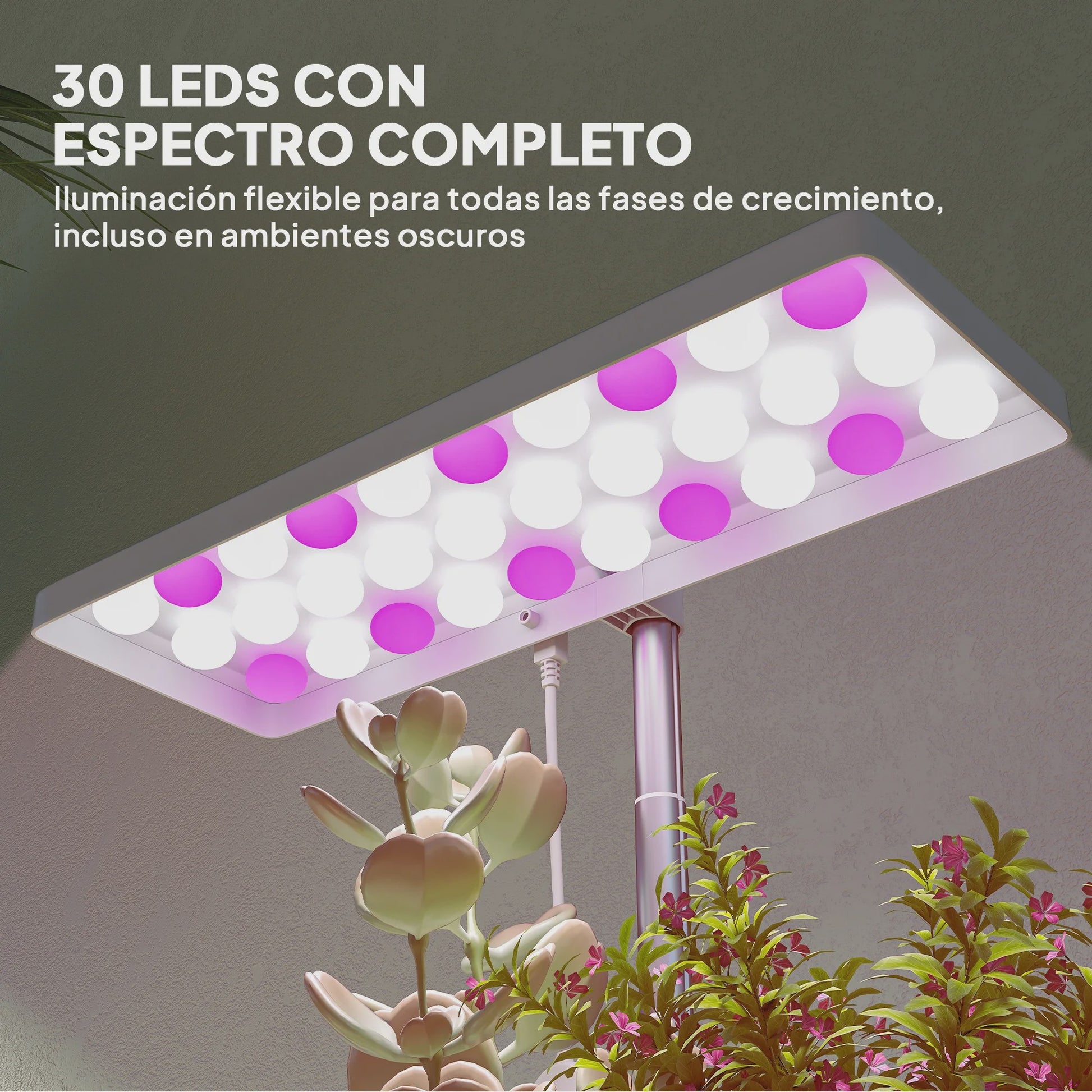Outsunny Groeilamp voor Binnenplanten - 30 LED's, Volledig Spectrum, In Hoogte Verstelbaar met Timer