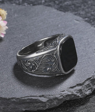 Heren Ring Zwart Onyx Vierkant 12x14mm Vintage Sterling Zilver - Stoere Gothic Statement Ring