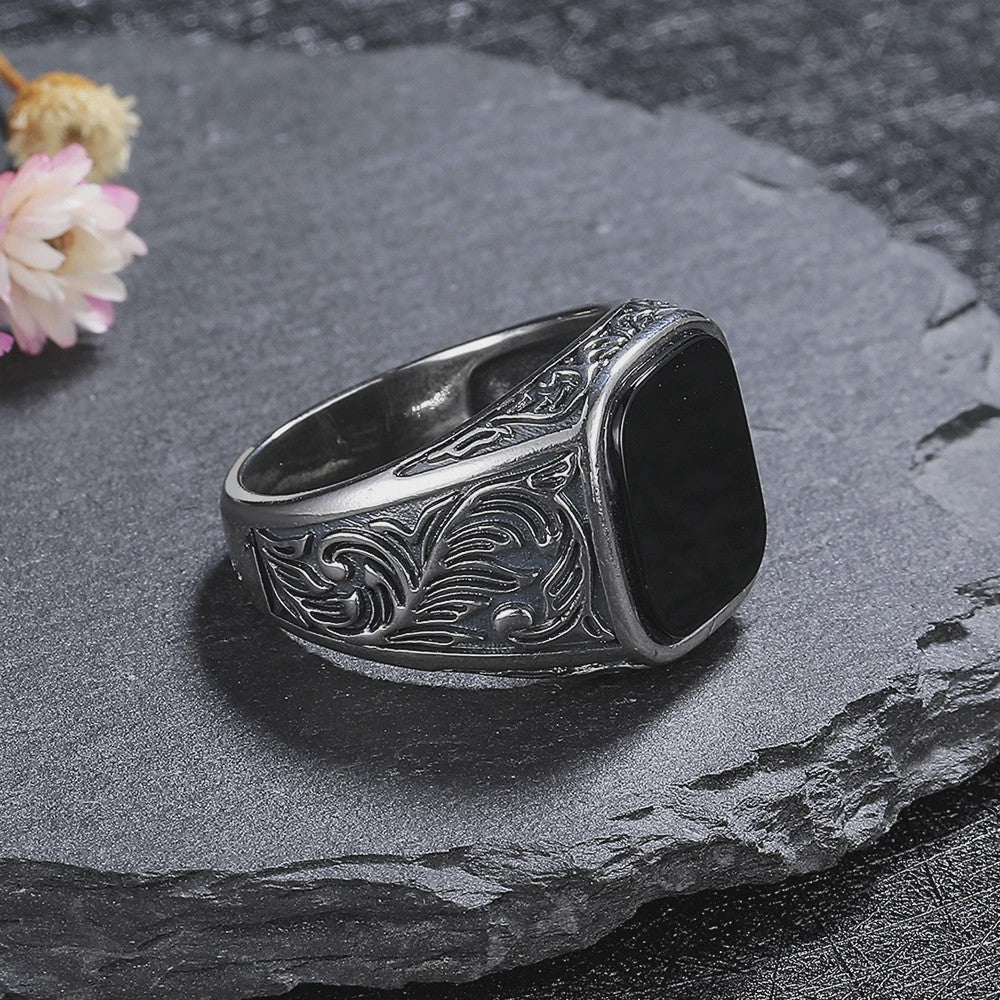 Heren Ring Zwart Onyx Vierkant 12x14mm Vintage Sterling Zilver - Stoere Gothic Statement Ring