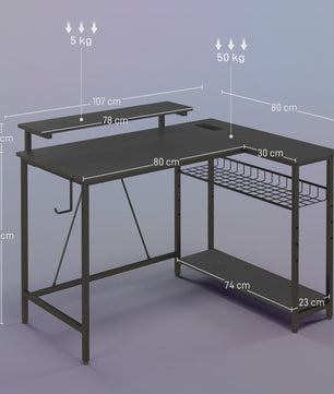 HOMCOM Hoekbureau met LED, 2 stopcontacten, 2 USB-poorten & Verstelbare Mand - 107x80cm Zwart
