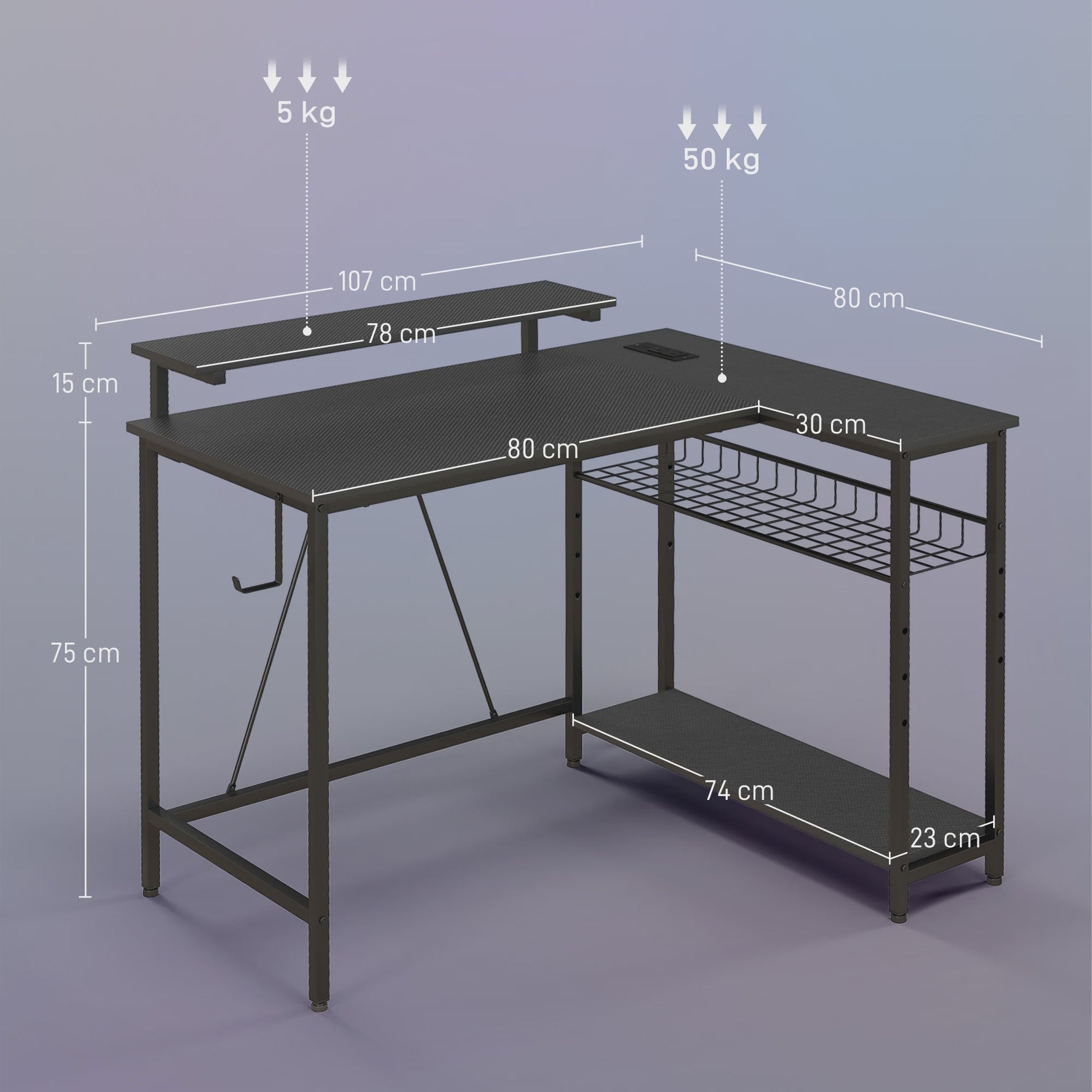 HOMCOM Hoekbureau met LED, 2 stopcontacten, 2 USB-poorten & Verstelbare Mand - 107x80cm Zwart