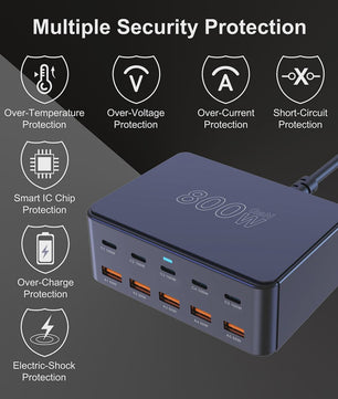 800W GaN Snellader met 10 Poorten (5x USB-C 100W, 5x USB-A 60W) - PD3.0 PPS QC3.0