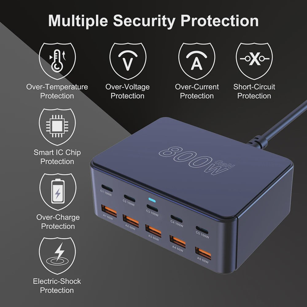 800W GaN Snellader met 10 Poorten (5x USB-C 100W, 5x USB-A 60W) - PD3.0 PPS QC3.0