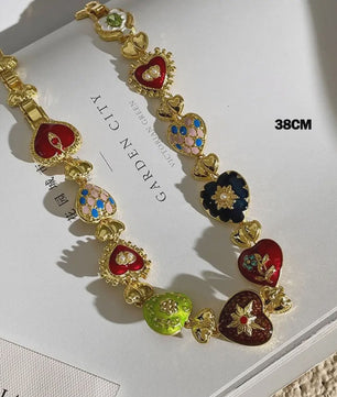 Retro Kleurrijke Hart & Bloem Ketting & Oorbellen Set - Paleis Stijl