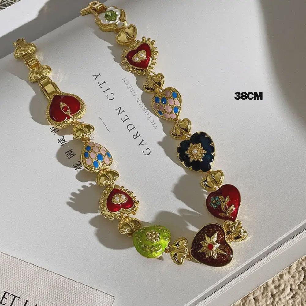 Retro Kleurrijke Hart & Bloem Ketting & Oorbellen Set - Paleis Stijl