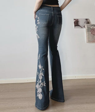 Dames Jeans met Retro Bloemenborduurwerk - Y2k Stijl Flared Broek