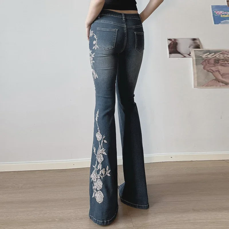 Dames Jeans met Retro Bloemenborduurwerk - Y2k Stijl Flared Broek