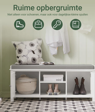 Witte Entreebank met Schoenopbergruimte en Zitkussen - MDF