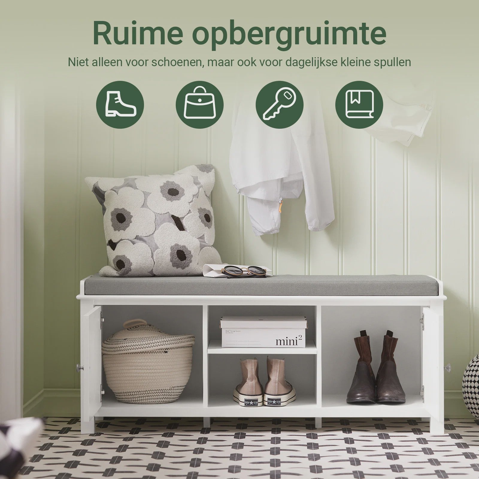 Witte Entreebank met Schoenopbergruimte en Zitkussen - MDF