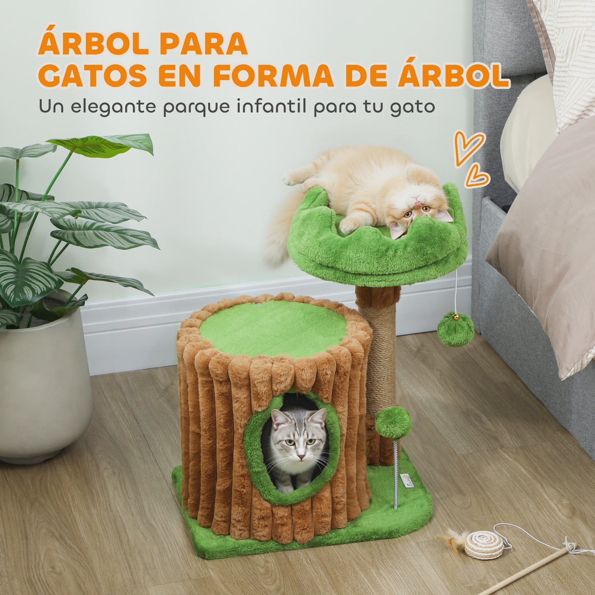 Pawhut Cat Scratching Tree 53 cm Trunk Design with House Bed Jute Post Balls Brown and Green