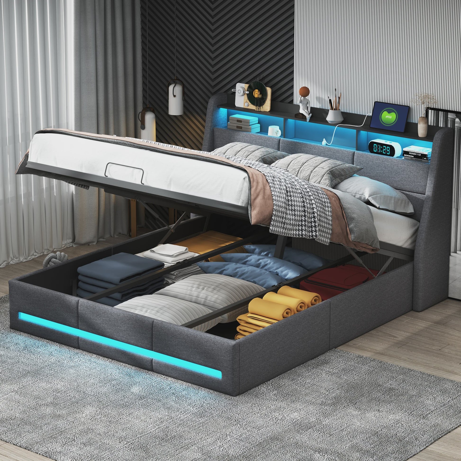 Luxe Gestoffeerd Bed 140/160x200cm met LED Verlichting, USB en Opbergruimte