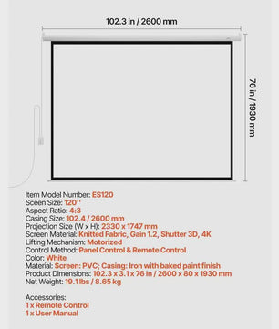 Gemotoriseerd Projectiescherm 120 inch 4:3 4K 1080 HD met Afstandsbediening