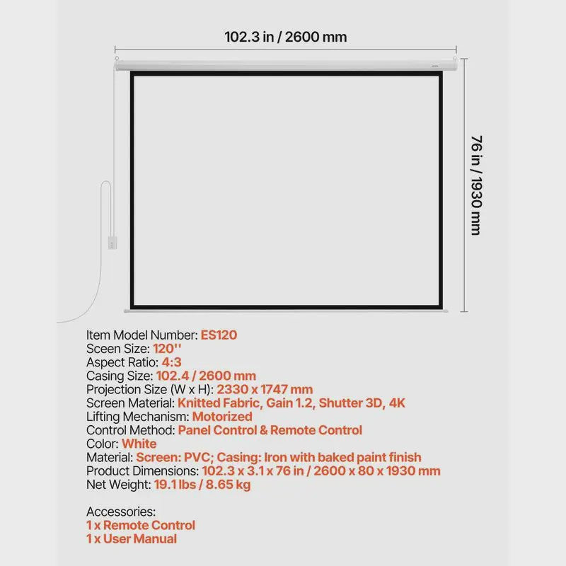 Gemotoriseerd Projectiescherm 120 inch 4:3 4K 1080 HD met Afstandsbediening