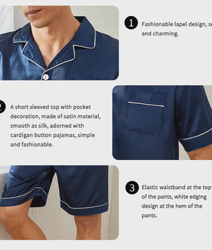 Heren Satin Pyjama Set Korte Mouw - Zomer Nachtkleding met Knopen Shirt & Elastische Short