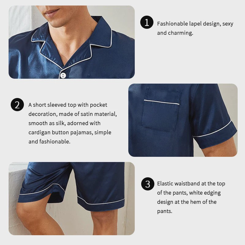 Heren Satin Pyjama Set Korte Mouw - Zomer Nachtkleding met Knopen Shirt & Elastische Short